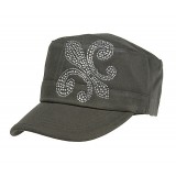 Military Cap w/ Jeweled Rhinestones Fleur de Lis Sign - Gray - HT-C7018A-GY