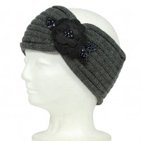 Knitted Headband w/ Knitted Flower + Beaded Leaves - Gray Color - HB-HW105GY