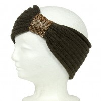 Knitted Headband w/ Rhinestoned Ring - Dark Brown Color - HB-HW12DBN
