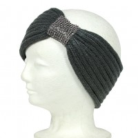 Knitted Headband w/ Rhinestoned Ring - Pewter Color - HB-HW12PT
