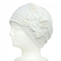 Headwraps:  Knitted Headband W/ Silk Roses - White Color - HB-YJ3WT
