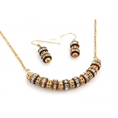 Necklace & Earrings Set: Brass Tone Carving Balls + Crystal Rings - NE-PNE1473BRW