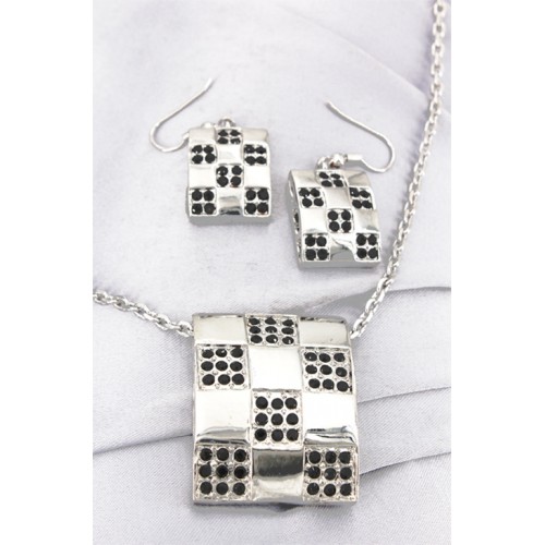 Rhodium Plating - Crystal Checker Charm NE+ER Set - NE-611-1SV