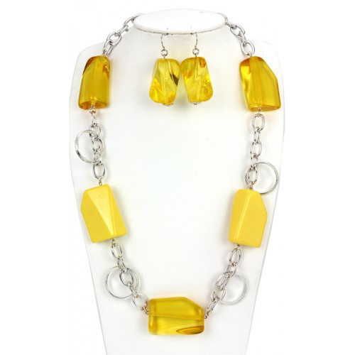 Faceted Acrylic Beaded NE + ER Set w/ Silver Coating Chain - Yellow - NE-S6675LYEL