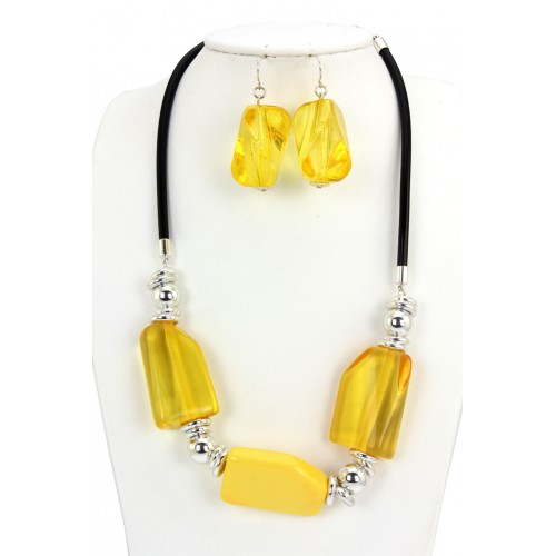 Faceted Acrylic Beaded NE + ER Set w/ Leather-Like String - Yellow - NE-S6676LASYL