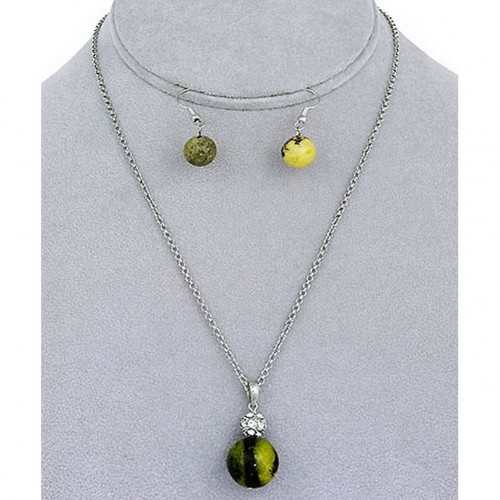 Natural Stone Round Charm Necklace & Earring Set - Olive - NE-11871OL