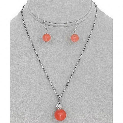 Natural Stone Round Charm Necklace & Earring Set - Rose - NE-11871RO