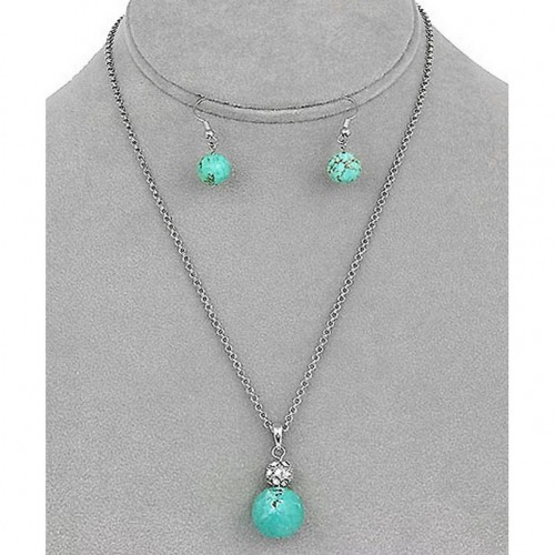Natural Stone Round Charm Necklace & Earring Set - TQ Blue - NE-11871TQ
