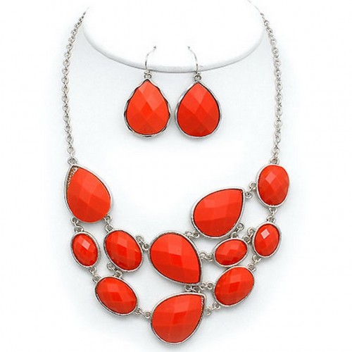 Faux Coral BIB Necklace & Earrings Set - NE-12210CO