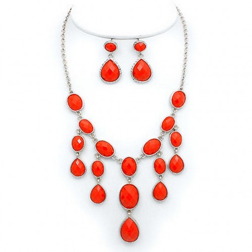 Faux Coral Drapery Necklace & Earrings Set - NE-12211CO