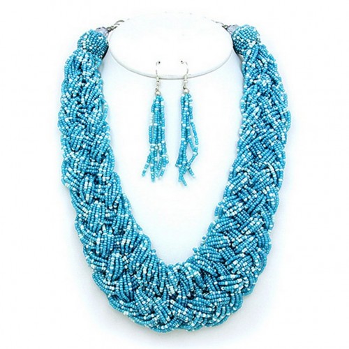 Multi Strand Beaded Woven Necklace & Earrings Set - TQ Blue - NE-12269TQ Multi Strand Beaded Woven Necklace & Earrings Set - TQ Blue - NE-12269TQ