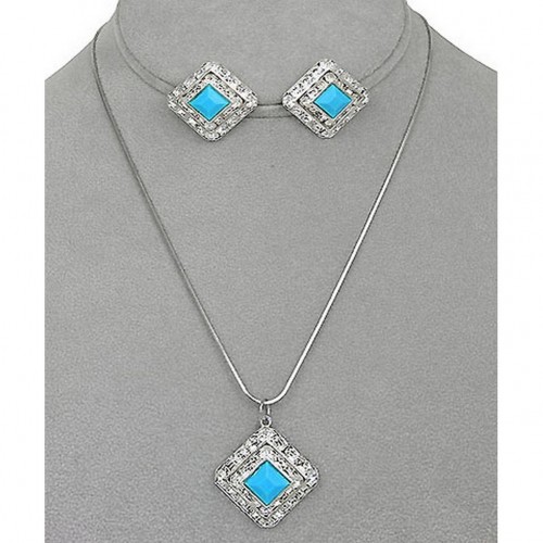 Crystal Square Charm w/ TQ Stone Necklace & Earring Set - NE-41202STQ