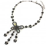 Rhinestone Butterfly Charm Necklace and Earring Set - Black Stones - NE-828BK