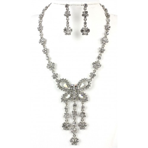 Rhinestone Butterfly Charm Necklace and Earring Set - Clear Stones - NE-828CL