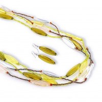 Multi-Strand Beaded Necklace & Earrings Set w/ Oval Shape Beads - Green - NE-AACDS1321F1