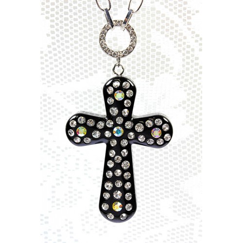 Cross Charm Necklace - OPQ Paved With Crystals - Black - NE-AACN6312B