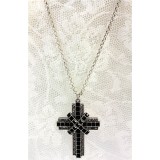 Cross Charm Necklace - Burnish-Like Silver w/ Black Stones - NE-ACQN4753B