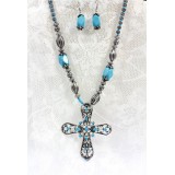 Cross Charm Necklace & Earrings Set - Beaded Straps w/ Large Cross Charm - Turqoise Stones -NE-ACQN4781SC