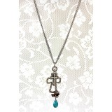 Rhinestone Cross Necklace w/ TQ Blue Stone - NE-ACQN4805
