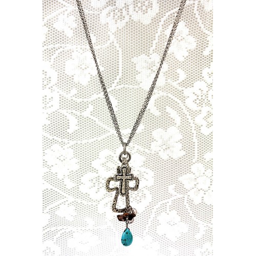 Rhinestone Cross Necklace w/ TQ Blue Stone - NE-ACQN4805