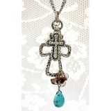 Rhinestone Cross Necklace w/ TQ Blue Stone - NE-ACQN4805