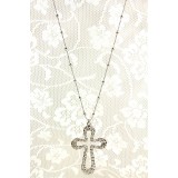 Rhinestone Hammered Cross Charm Necklace - 30" Long - NE-ACQN4830R