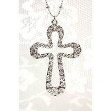 Rhinestone Hammered Cross Charm Necklace - 30" Long - NE-ACQN4830R