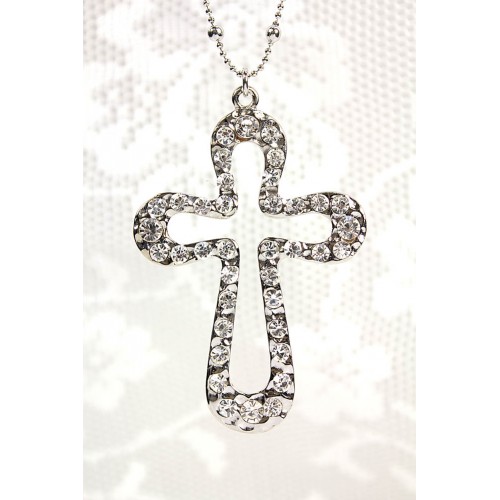 Rhinestone Hammered Cross Charm Necklace - 30" Long - NE-ACQN4830R