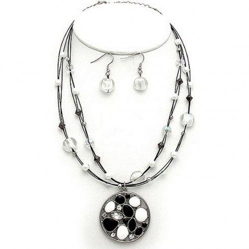 Stone Paved Geometry Charm Necklace & Earrings Set w/ Multi Beaded Strap - Black / White - NE-ACQS1128A