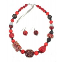 Multi Beads Necklace & Earring Set - Glass Ball w/ Red Beads - NE-ACS9856