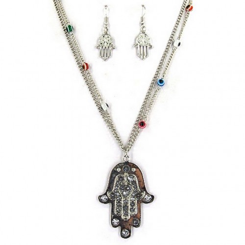 Hamsa Evil Eye Charm Necklace & Earrings Sets - NE-AS3583RHC