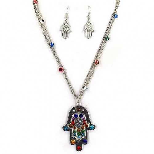 Hamsa Evil Eye Charm Necklace & Earrings Sets - NE-AS3583RHMT