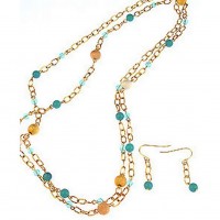 Gold Chain Gold with Turquoise Color Pearl Beaded Necklace & Earring Set - NE-CQN2254C