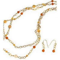 Gold Chain Gold with Coral Color Pearl BeadedNecklace & Earring Set - NE-CQN2254G