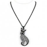 Rhinestone Kitty w/ Bow Charms Necklaces - Black - NE-JN4422BK