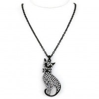 Rhinestone Kitty w/ Bow Charms Necklaces - Black - NE-JN4422BK