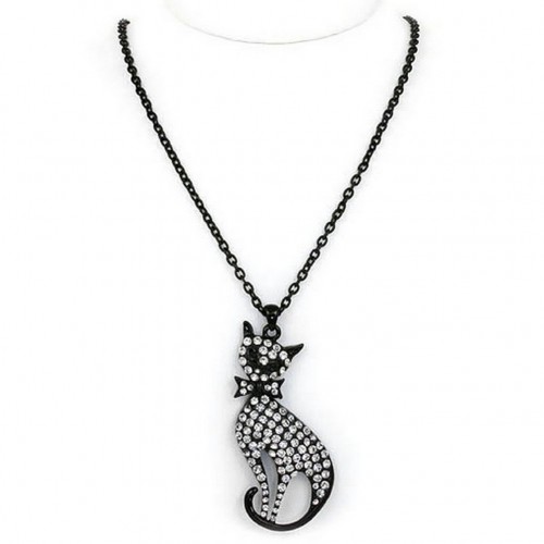 Rhinestone Kitty w/ Bow Charms Necklaces - Black - NE-JN4422BK
