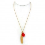 Necklace: Tear Drop Genuine Stone w/ Feather Shape Pendant - 28” - NE-JN678FU