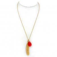 Necklace: Tear Drop Genuine Stone w/ Feather Shape Pendant - 28” - NE-JN678FU