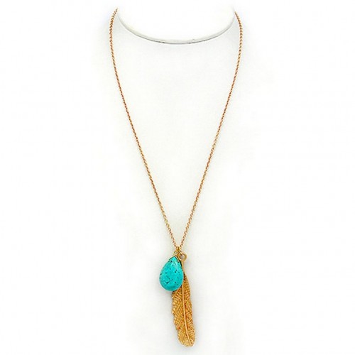 Necklace: Tear Drop Genuine Stone w/ Feather Shape Pendant - 28” - NE- NE-JN678TQ