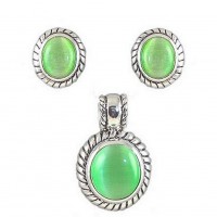 Cat Eye Oval Charm w/ Earrings Set - Emerald - NE-MCE1305ASE