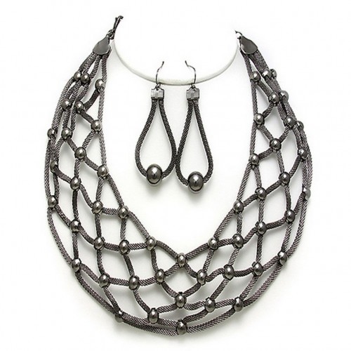 Mesh Net BIB Accent w/ Pearl Like Necklace & Earrings Set - Hematite - NE-MCN152HEMA