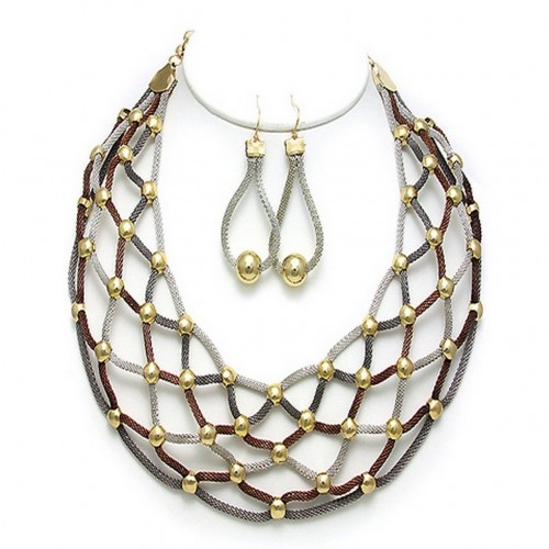 Mesh Net BIB Accent w/ Pearl Like Necklace & Earrings Set - Multi Colors - NE-MCN152MT