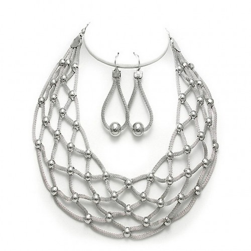 Mesh Net BIB Accent w/ Pearl Like Necklace & Earrings Set - Rhodium - NE-MCN152RH