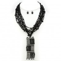 Beaded Multi Strand Necklace & Earrings Set w/ Beaded & Rhinestone Square Pendant - Black - NE-MCN269HMBK