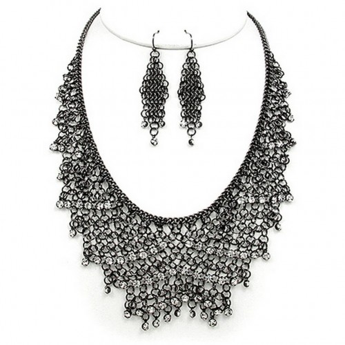 Mesh Chains BIB Accent w/ Clear Rhinestone Necklace & Earrings Set - Hematite - NE-MCN306HEMA Mesh Chains BIB Accent w/ Clear Rhinestone Necklace & Earrings Set - Hematite - NE-MCN306HEMA