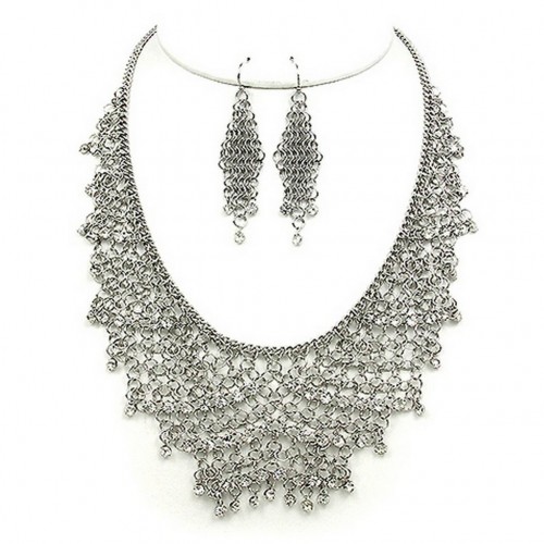 Mesh Chains BIB Accent w/ Clear Rhinestone Necklace & Earrings Set - Hematite - NE-MCN306RH