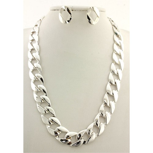 18" Link Necklace & Earrings Set - Silver - NE-MS3410S