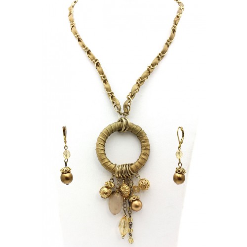 Faux Suede O-Ring W/ Dangle Beads Necklace & Earrings Set -  Gold Tone - NE-MS3464G