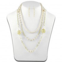 Multi Chain Pearl w/ Big Carved Metal Beads NE+ER Set - Natural - NE-N1388NT